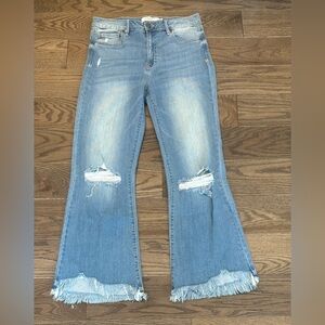 Hidden High Rise Crop Flare Jeans Distressed Sharkbite Hem Size 30